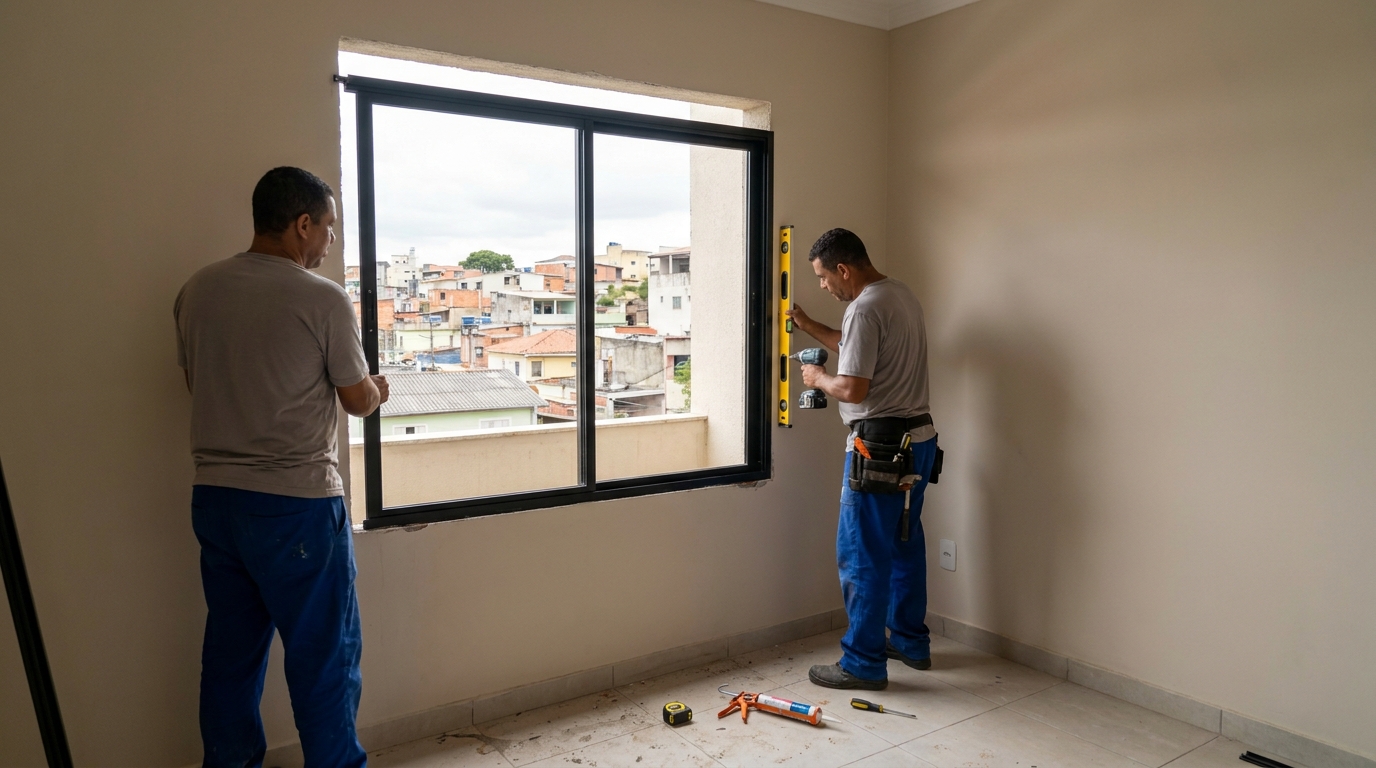 Esquadria de alumínio em quarto bege em Pelotas-RS