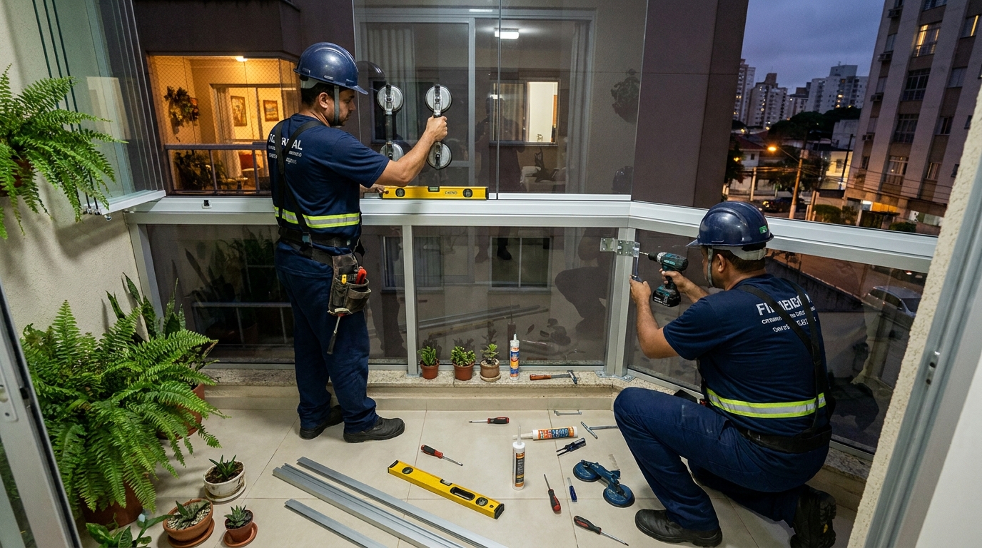 Instalação noturna de parede de vidro em Pelotas-RS