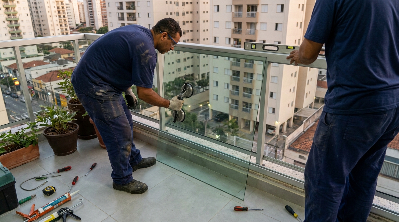 Parede de vidro com vista urbana em Pelotas-RS